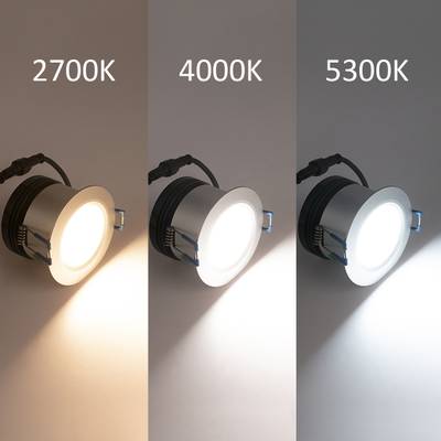 Trois plafonniers avec des températures de couleur de 2700K (chaud), 4000K (neutre) et 5300K (froid) sont présentés pour mettre en évidence les différentes options d'éclairage LED.