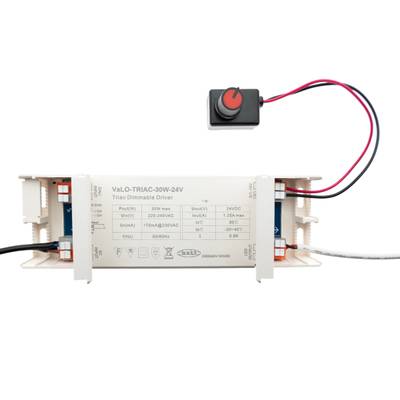 Variateur LED triac rectangulaire blanc avec fils de connexion et disjoncteur inclus.