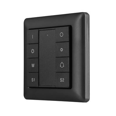 Panneau d'interrupteurs carrés noirs avec boutons d'alimentation, de luminosité, S1 et S2 sur fond blanc - parfait pour les installations de contrôle de l'éclairage par LED.