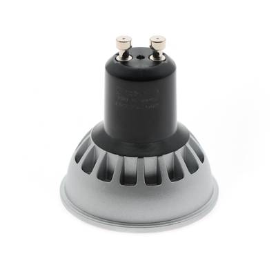 Lampe LED blanche économe en énergie avec culot GU10, vue en angle sur fond blanc, idéale pour des solutions d'éclairage ciblées.