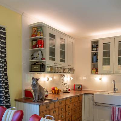 Bande LED au-dessus des meubles supérieurs d'une cuisine lumineuse et appliques murales sous les meubles. Un chat gris est assis au niveau de la cuisine.
