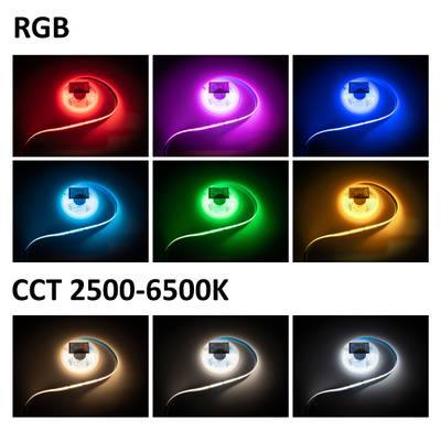 Bandes lumineuses à LED qui affichent plusieurs couleurs et températures de couleur ; options d'éclairage RVB, blanc chaud, blanc froid.