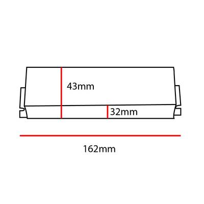 Profil de luminaire LED, dimensions : hauteur 43mm, largeur 32mm, longueur 162mm, lignes rouges.