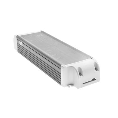 Bloc d'alimentation LED industriel, cadre métallique rectangulaire avec extrémités blanches, affiche en évidence les spécifications et les certificats.