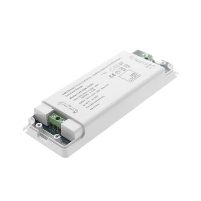 Contrôleur LED rectangulaire avec boîtier blanc, spécifications imprimées sur le dessus. Connecteurs sur un côté pour une alimentation efficace et sûre des lampes LED.