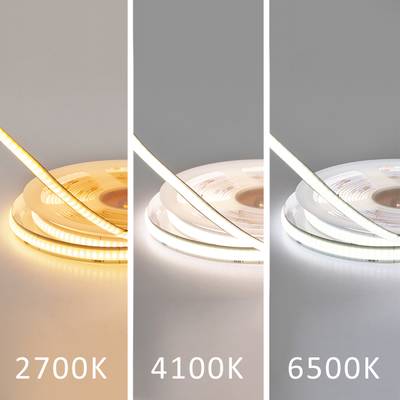 Les bandes LED 2700K jaune chaud, 4100K blanc neutre et 6500K blanc froid apparaissent sur un fond gris pour éclairer l'écran.