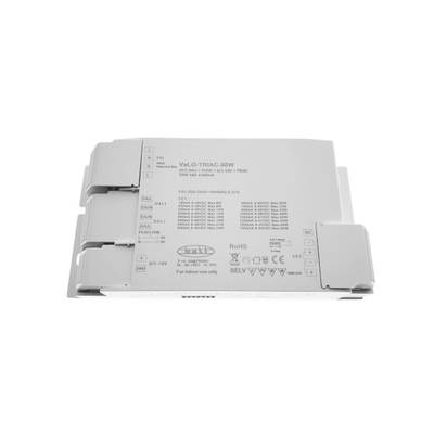 Contrôleur LED électronique avec informations techniques et logos de certification sur la surface, affichés sur un fond blanc. Idéal pour les solutions d'éclairage LED.