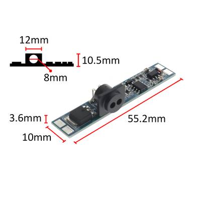 Circuit imprimé pour éclairage LED, structure fine 55,2 x 10 x 3,6 mm, vue de profil 12 x 10,5 x 8 mm pour la fixation de la lampe