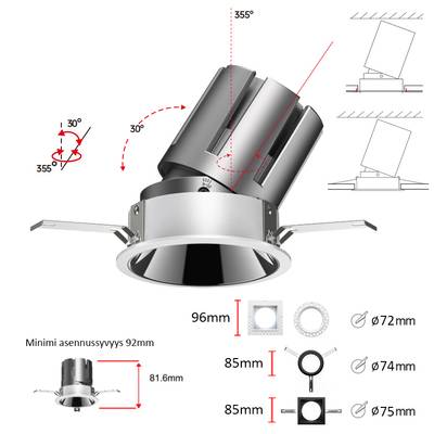 Downlight LED encastrable orientable, angles de rotation et d'inclinaison, spot de plafond, mesures, schémas d'installation