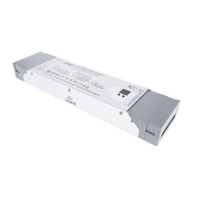 Gros plan d'un appareil électronique blanc et gris pour luminaires LED avec une étiquette contenant des données techniques et des symboles pour une performance d'éclairage optimale.