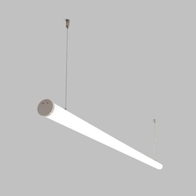 Élégante suspension LED cylindrique suspendue à des fils, un luminaire moderne à faible consommation d'énergie sur fond gris.