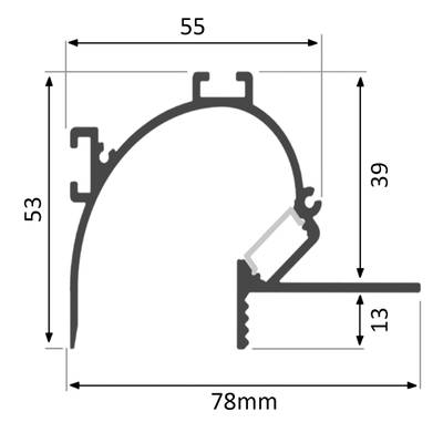 Diagramme en coupe d'un éclairage LED avec les dimensions suivantes : 55 en haut, 53 à gauche, 39 en courbe, 13 en bas. Largeur totale de 78 mm. Optimisez votre boutique de LED pour le référencement.