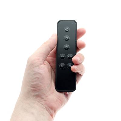 Télécommande noire élégante avec 7 boutons pour les systèmes d'éclairage LED, tenue dans la main pour une utilisation facile. Parfaite pour les solutions d'éclairage modernes.