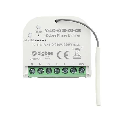 Variateur de phase certifié Zigbee VaLO-V230-ZG-200, petit design blanc, bouton de réinitialisation gris et ports d'interface multiples pour le contrôle de l'éclairage LED.