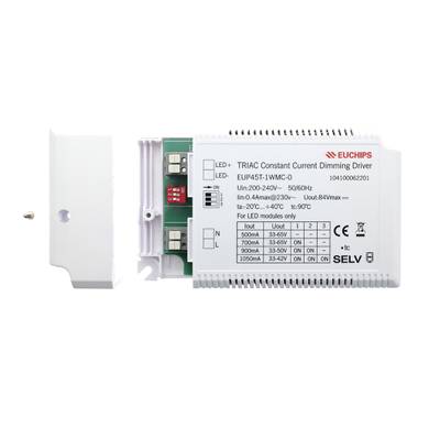 Texte alternatif : "Variateur TRIAC blanc standard avec spécifications techniques et panneau semi-transparent pour l'éclairage LED