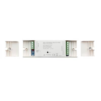 Contrôleur de LED VPRO V125-R Matter-20A-CCT-RGB avec connecteurs d'entrée/sortie étiquetés sur fond blanc. Design rectangulaire, parfait pour les systèmes d'éclairage à LED.