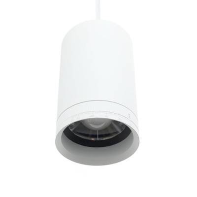 Lampe LED cylindrique blanche avec fil, partie supérieure ventilée et cadran rotatif en bas pour régler la luminosité.