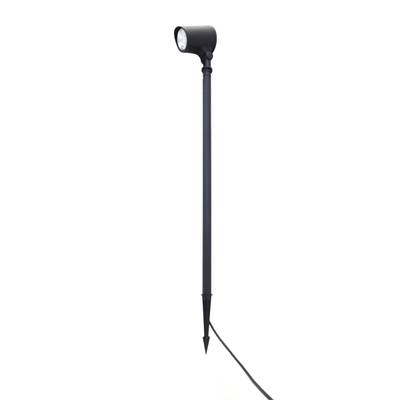 Projecteur LED d'extérieur avec fixation à pointe noire, mât étroit et cordon d'alimentation pour l'éclairage des jardins et des couloirs.