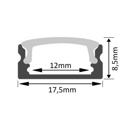 Dessin en coupe d'un joint aux dimensions suivantes : 17,5 mm de largeur, 8,5 mm de hauteur et 12 mm d'espace intérieur - idéal pour les installations d'éclairage à LED.