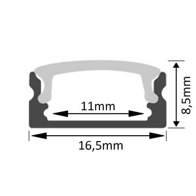Section transversale du boîtier de la lampe LED, largeur 16,5 mm, largeur intérieure 11 mm, hauteur 8,5 mm.