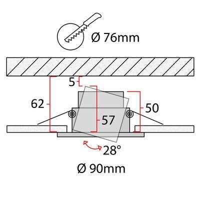 Diagramme des dimensions du luminaire encastré à LED : trou de 76 mm, hauteur de 55 mm, diamètre extérieur de 90 mm, angle de 28 degrés pour un éclairage optimal.