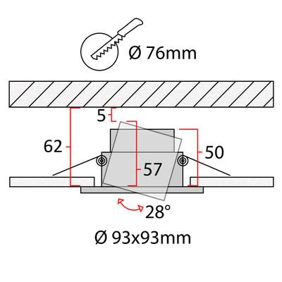 Schéma de l'installation d'un luminaire rectangulaire encastré avec les dimensions : diamètre de l'ouverture, taille du luminaire et angle de montage pour plus de précision.
