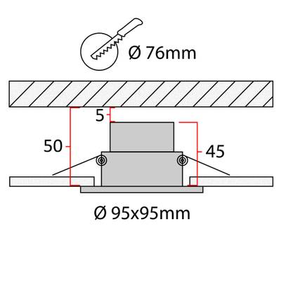 Dessin technique d'un luminaire LED encastré carré : diamètre 95 mm, profondeur 55 mm et ouverture 78 mm.