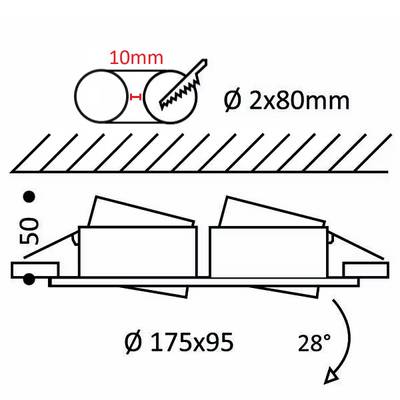 Dessin technique des composants mécaniques avec les dimensions : 2x 80mm, ⌀175x95 cercles, 10mm engrenage et 28° angle pour l'appareil d'éclairage LED.