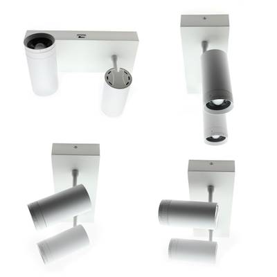 Texte alternatif : "Spot blanc orientable avec des lumières cylindriques sur une base rectangulaire - quatre vues différentes de l'exposition d'éclairage LED dans le magasin.
