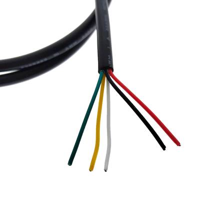 Bobine de fils colorés en gros plan : bleu, blanc, rouge, vert et noir sur fond blanc. Idéal pour les solutions et installations d'éclairage LED.