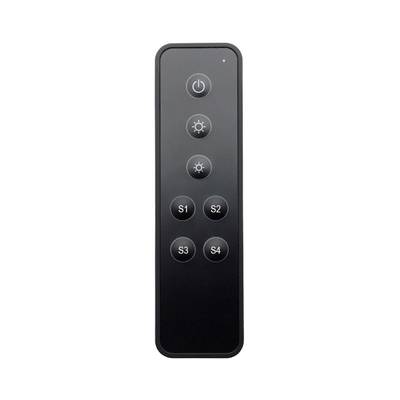 Texte alternatif : "Télécommande d'éclairage LED noire avec sept boutons d'alimentation, contrôle de la luminosité et quatre réglages de S1 à S4.