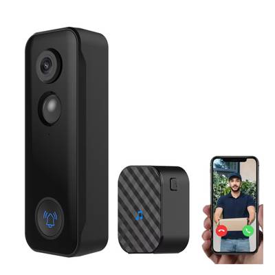 Kit sonnette intelligente et caméra de sécurité avec logo Tuya ; comprend une horloge et un smartphone qui affiche un appel vidéo pour la livraison d'un colis.