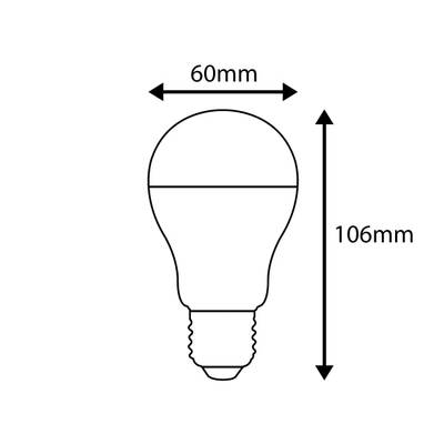contour d'une lampe à incandescence de 60 mm de large et 106 mm de haut avec des flèches à deux têtes pour les mesures dans un magasin d'éclairage LED.