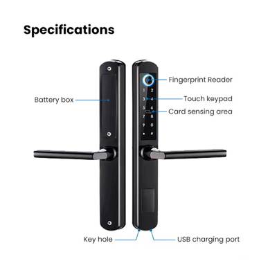 Serrure de porte intelligente avec lecteur d'empreintes digitales, clavier tactile, lecteur de cartes, port de charge USB, compartiment à piles et trou de serrure.