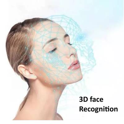 Texte alternatif : "Femme avec les yeux fermés et une grille en 3D du visage, illustrant la reconnaissance faciale. Le texte se lit comme suit : "3D Face Recognition".