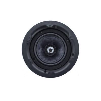 Gros plan d'un haut-parleur circulaire noir avec un cône central texturé et un bord extérieur lisse, sur un fond blanc uni, représentant un design sonore moderne.