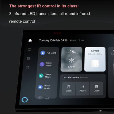 Panneau de contrôle intelligent avec prévisions météorologiques, fonctions domotiques et commandes d'éclairage et de rideaux dans un magasin d'éclairage LED moderne.