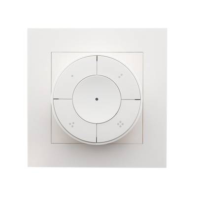 Prise rectangulaire blanche pour interrupteur d'éclairage et télécommande ronde à quatre boutons sur fond blanc - Commandes d'éclairage par LED.