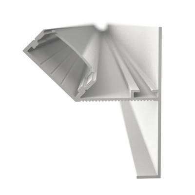 rendu 3D d'un profilé métallique gris en forme de L avec des rainures et des crêtes claires, sur fond blanc, idéal pour les installations d'éclairage LED.