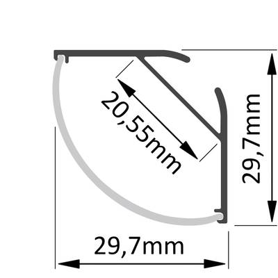Schéma technique du profilé d'éclairage : section courbe, 29,7 mm de haut, 29,7 mm de large, 20,55 mm de diagonale.
