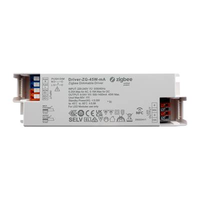 Contrôleur Zigbee à gradation avec informations techniques et logos ; connecteurs rectangulaires multicolores sur les côtés pour l'éclairage LED.