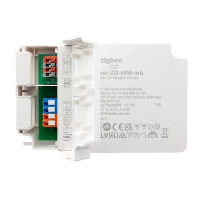 Contrôleur intelligent à gradation certifié Zigbee avec informations en façade et connexions internes visibles, idéal pour les systèmes d'éclairage LED et les installations domestiques intelligentes.