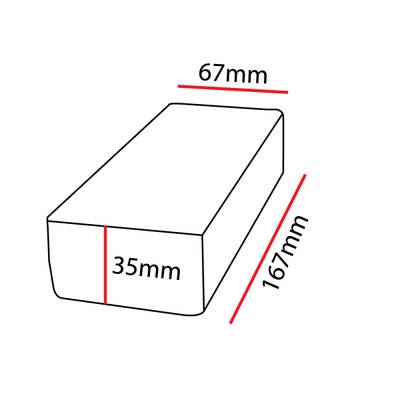 Schéma d'un prisme rectangulaire aux dimensions suivantes : longueur 167 mm, largeur 67 mm et hauteur 35 mm, délimité par des lignes rouges pour l'éclairage LED.