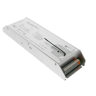 Contrôleur LED rectangulaire à boîtier blanc avec connecteurs d'entrée/sortie et spécifications étiquetées sur la surface supérieure.