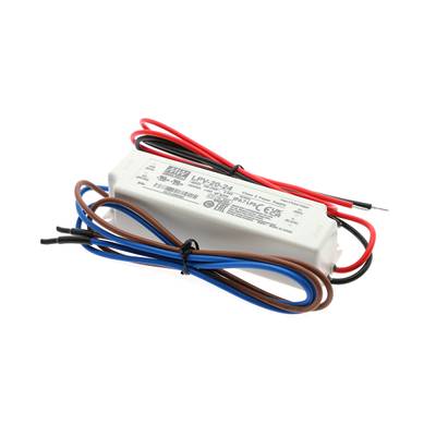 "Contrôleur LED rectangulaire avec fils rouges, noirs, bleus et bruns. Marqué "LPV-20-24" avec des spécifications et des certificats d'éclairage LED.