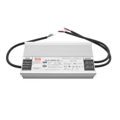 Bloc d'alimentation HLG-480H-24 rectangulaire avec fils d'entrée et de sortie aux deux extrémités, idéal pour les solutions d'éclairage LED efficaces.