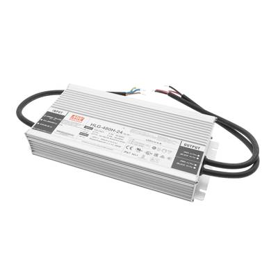 Contrôleur LED rectangulaire HLG-480H-24 avec câbles d'entrée/sortie dans un boîtier métallique pour des solutions d'éclairage économes en énergie.