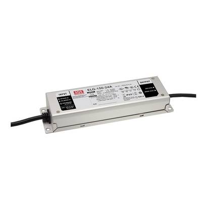 "Contrôleur LED rectangulaire 'Mean Well ELG-150-24A' avec câbles d'entrée et de sortie sur fond blanc pour des solutions d'éclairage efficaces.