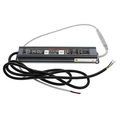 Alimentation LED rectangulaire, "24V 50W", avec câbles ; les données d'entrée/sortie sont affichées dans un boîtier noir pour des solutions d'éclairage fiables.
