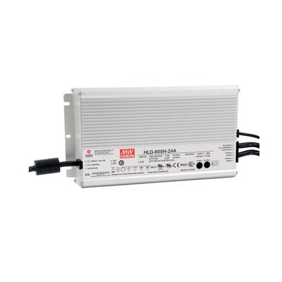 Alimentation rectangulaire Mean Well HLG-600H-24A, boîtier nervuré pour la dissipation de la chaleur, ports multiples ; idéale pour les systèmes d'éclairage à LED.